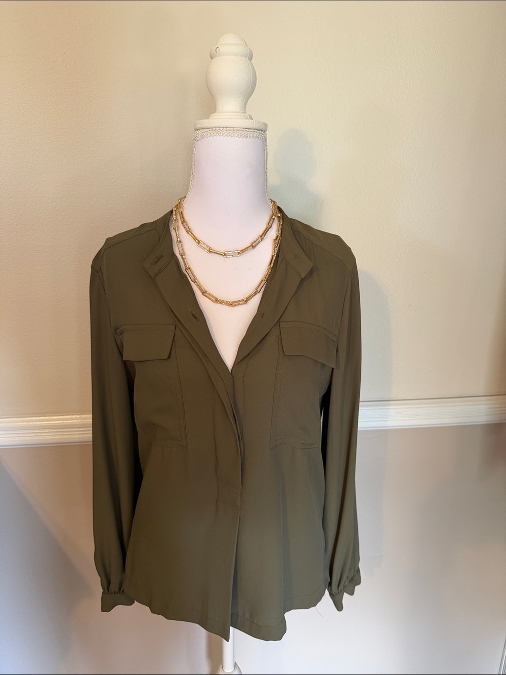 White House Black Market Olive Utility Button-Down Shirt